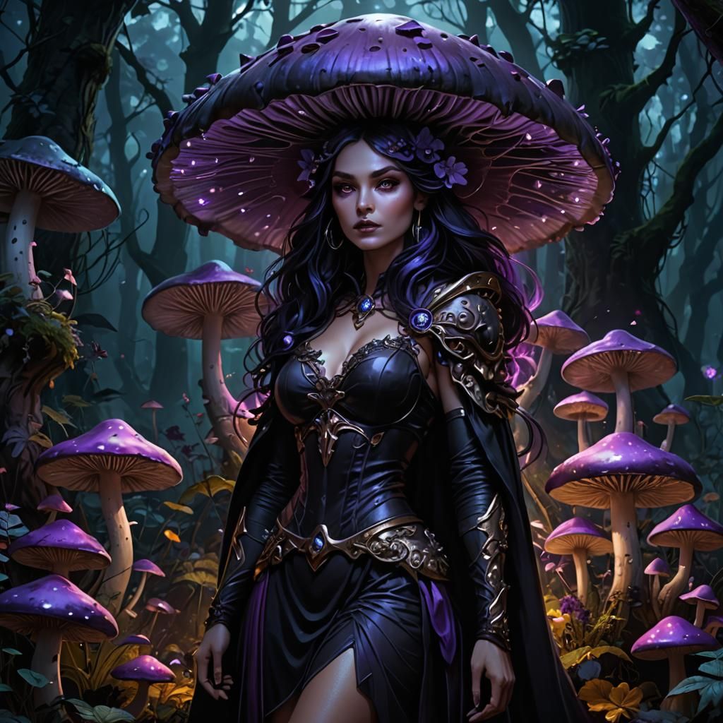 Fae Woman Under Mushroom: Dark Fantasy Concept Art