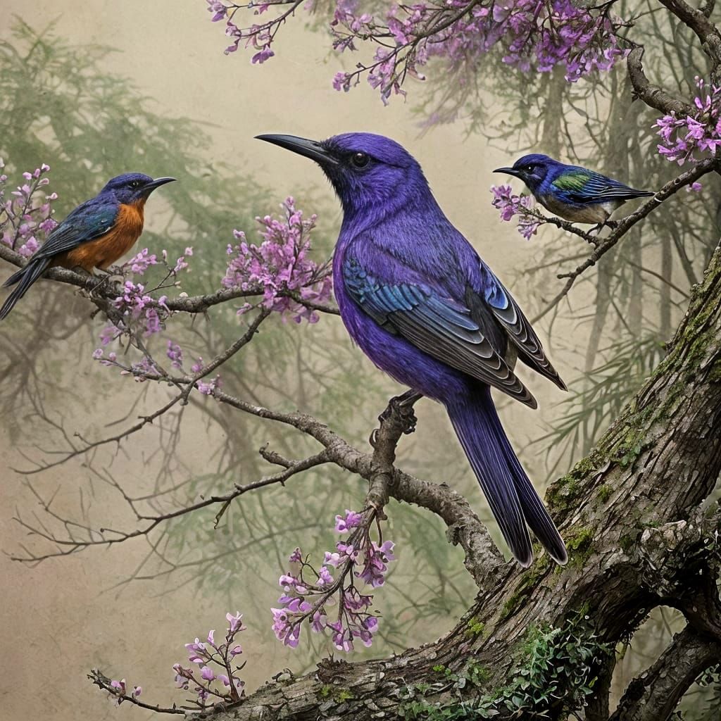 Vibrant Honeycreepers in Ink Painting Reverie