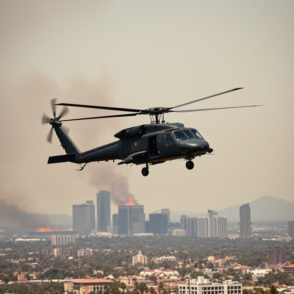 Blackhawk Helicopter Over Burning Los Angeles