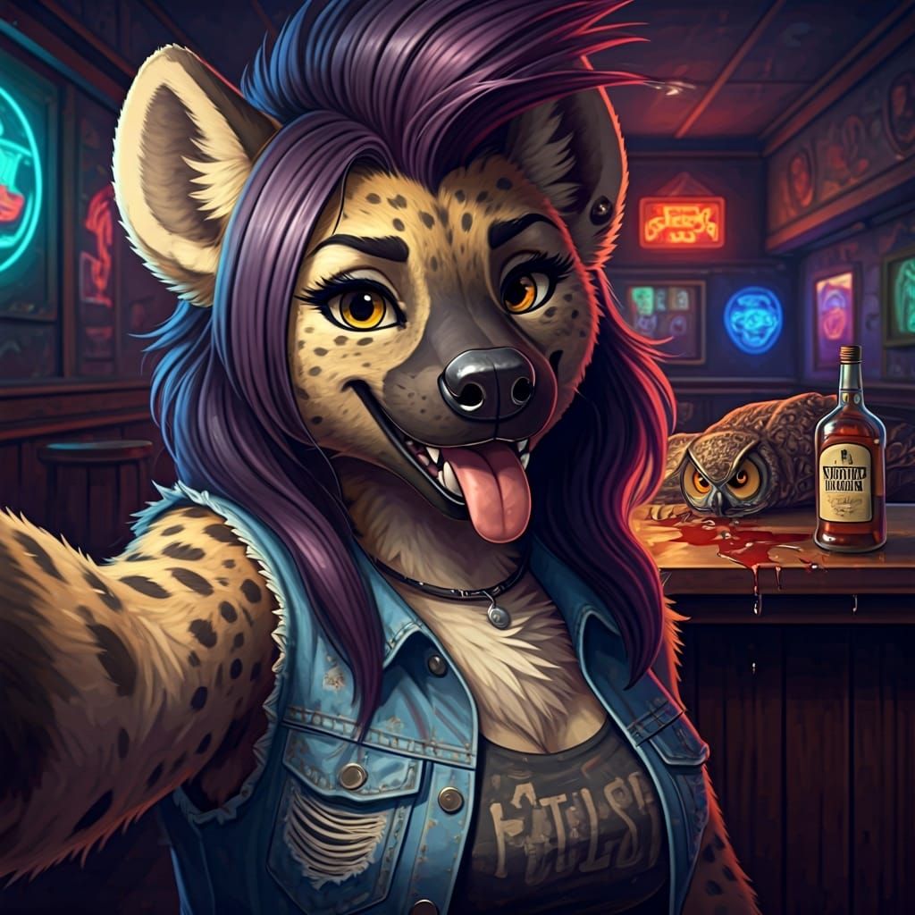 Hyena Selfie in Dive Bar as Oil Pastel