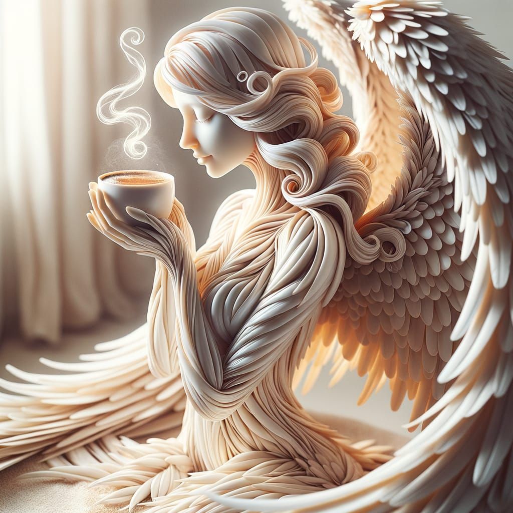 Feathered Angel Sipping Coffee in Morning Light