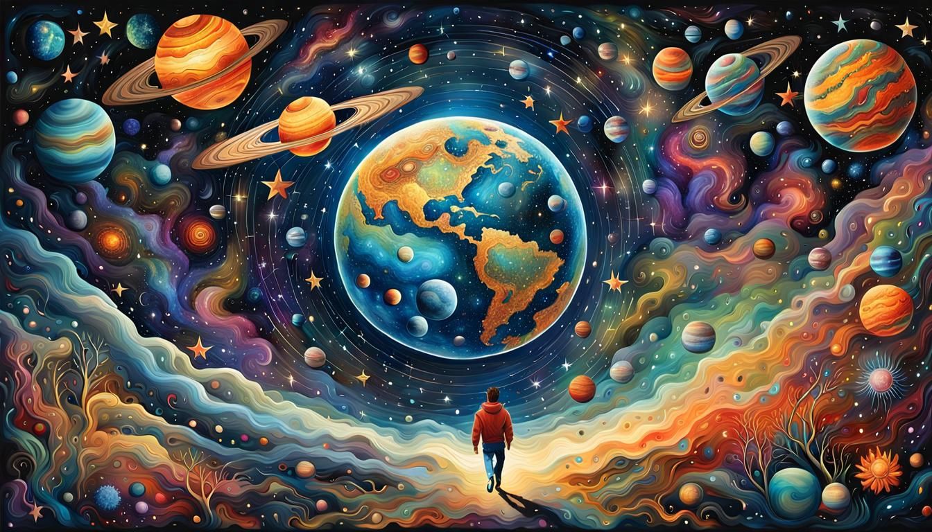 Sunset Woman's Cosmic Journey in Floral Forest