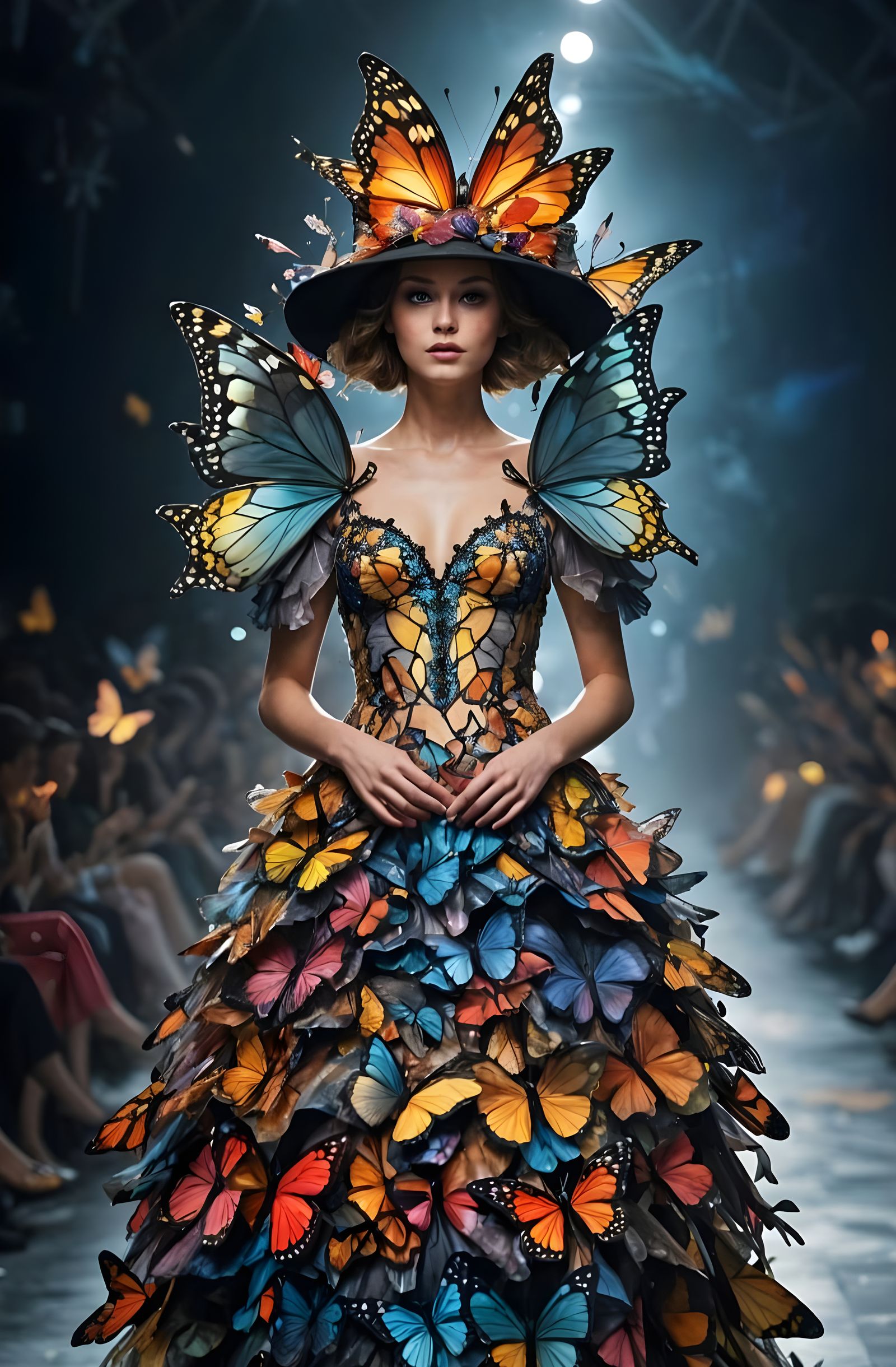 Fashion Model's Butterfly Dress on Catwalk, Surreal Art