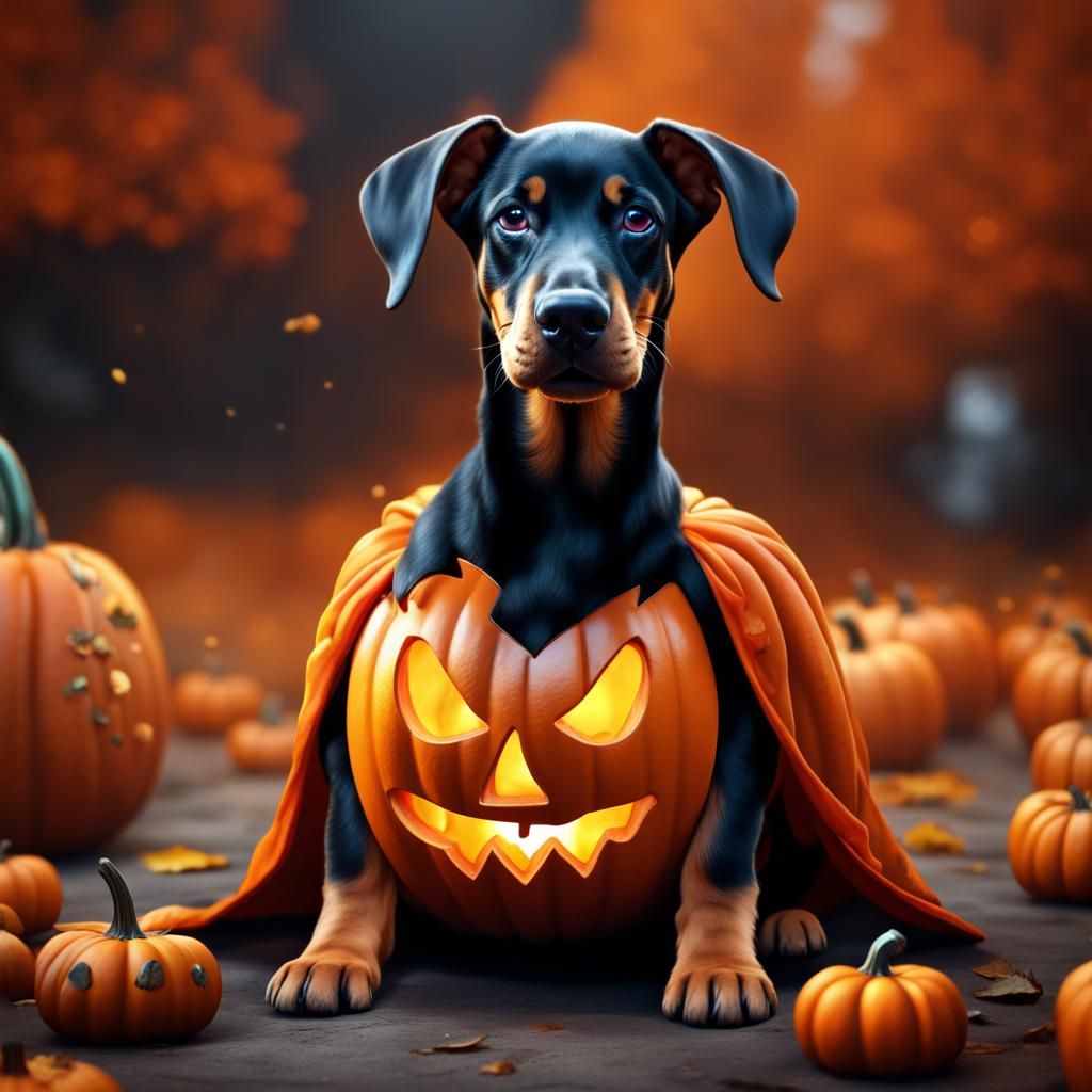 Doberman Puppy in Pumpkin Costume: Fantasy Concept Art