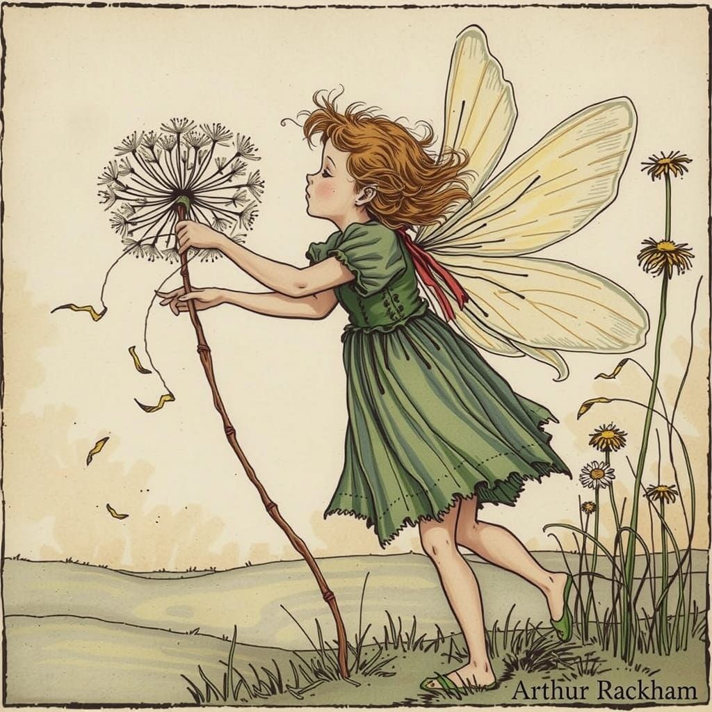 Whimsical Fairy with Dandelion in Storybook Style