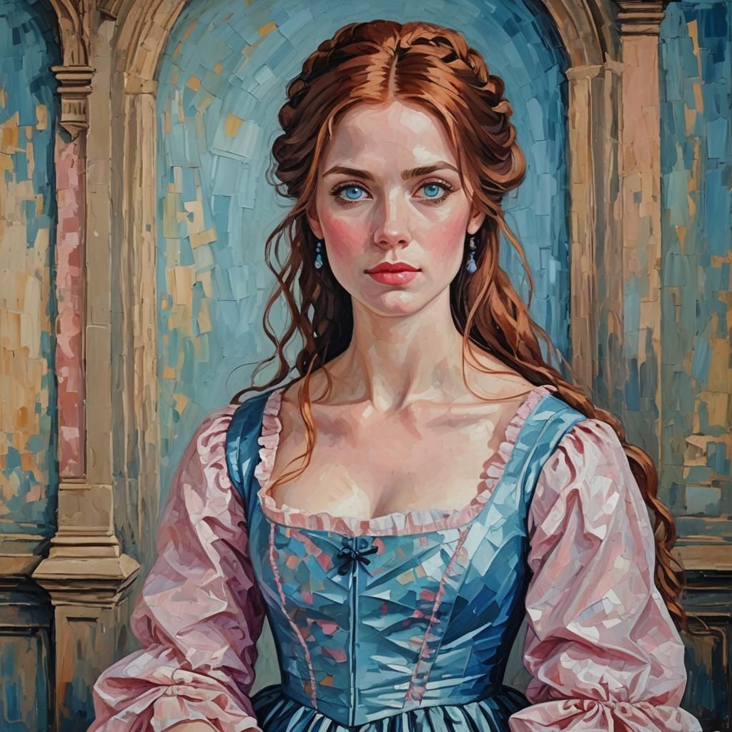 Girl in Regency Dress: Neo-Impressionist Oil Painting