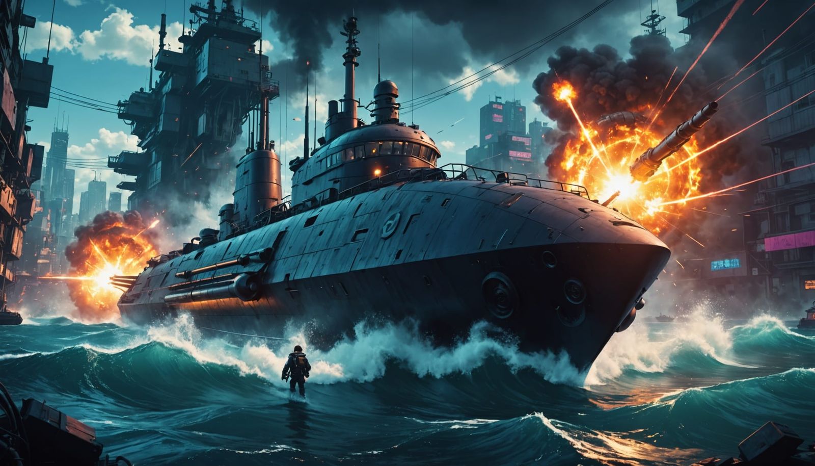 Cyberpunk Submarine Torpedo Launch in Anime Style