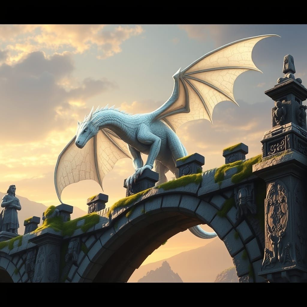 Majestic White Dragon on Ancient Stone Bridge