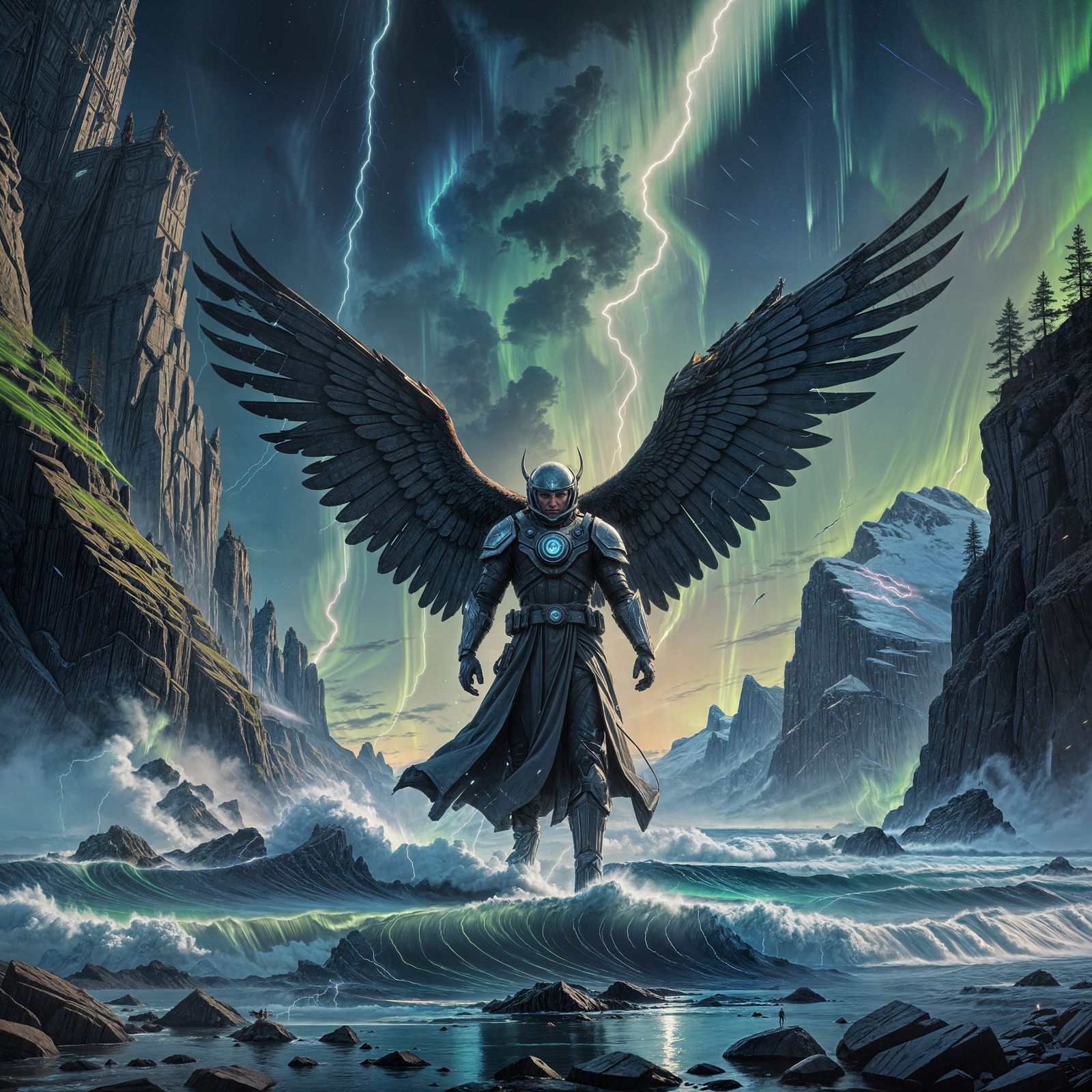Epic Archangel Amidst Northern Lights and Lightning Bolts