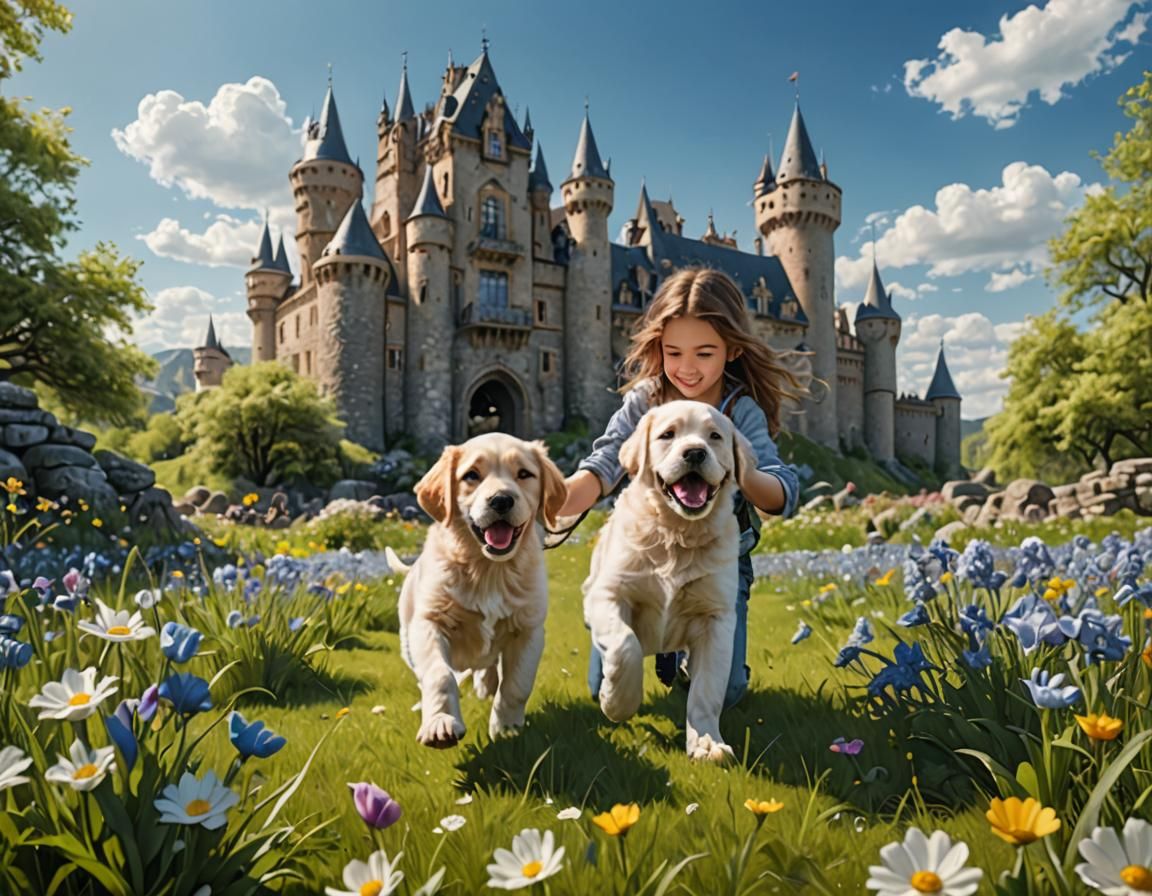 Girl and Puppy in Meadow, Matte Painting