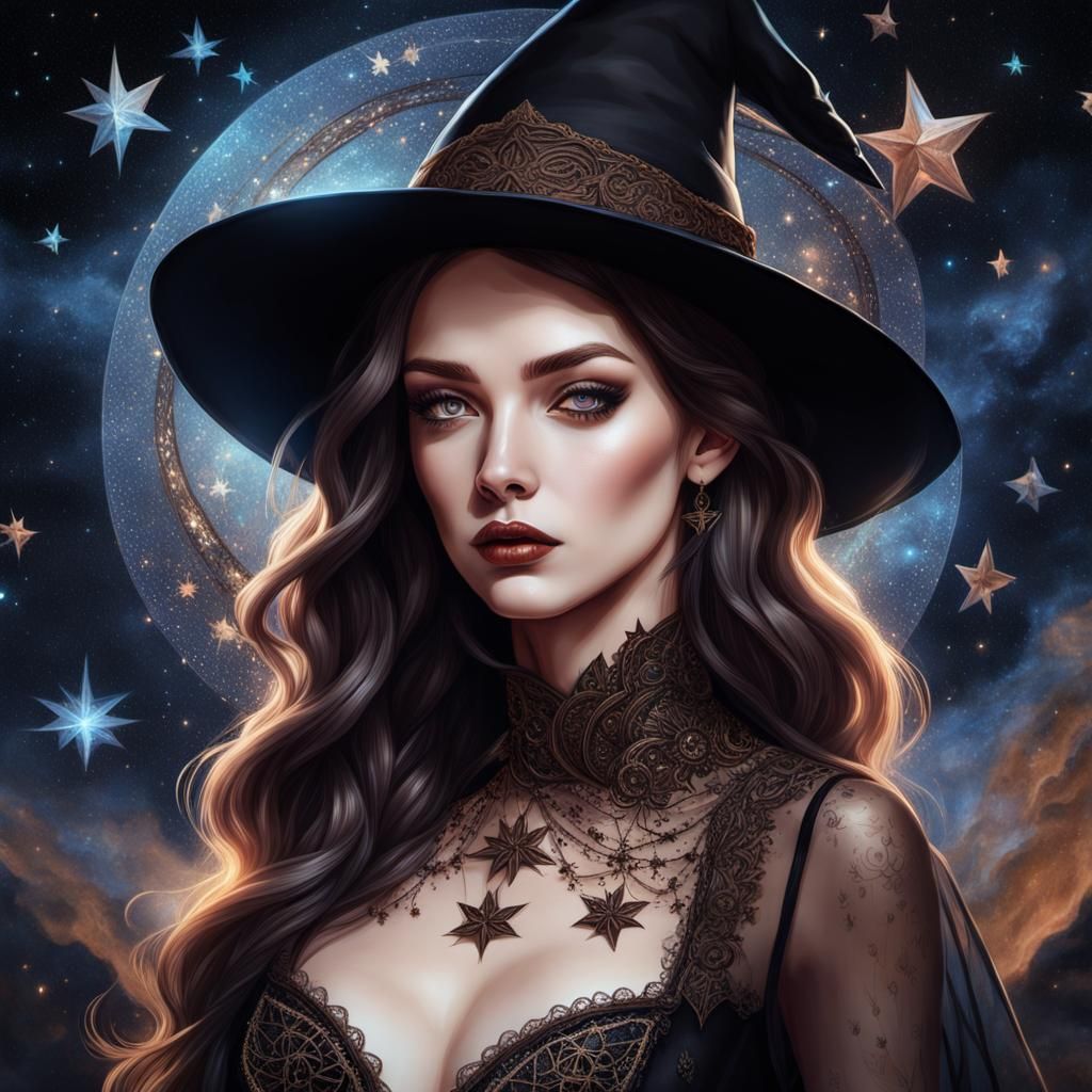 Sensual Witch Portrait in Cosmic Starry Sky