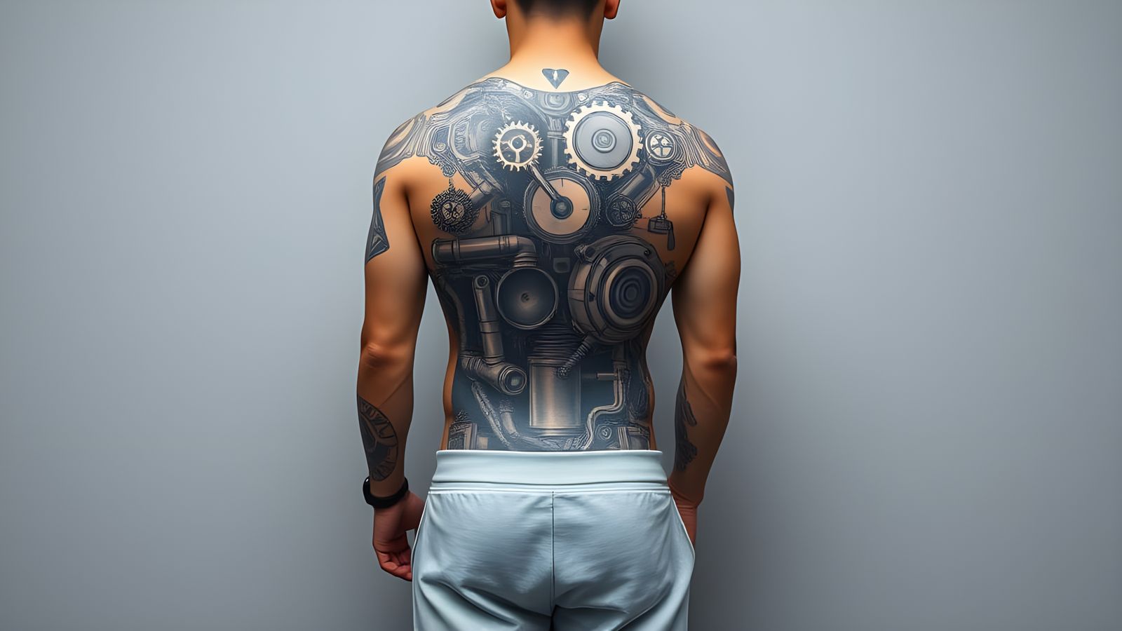 A Men's Full Back Diesel Punk Art Style Tattoo (Continued)