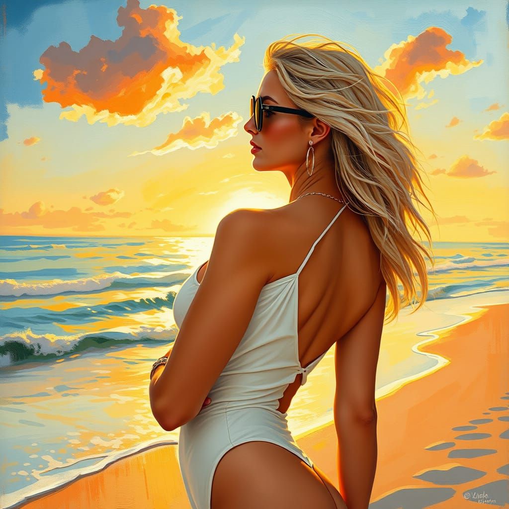 Blonde Woman Watching Sunset in Gouache Style