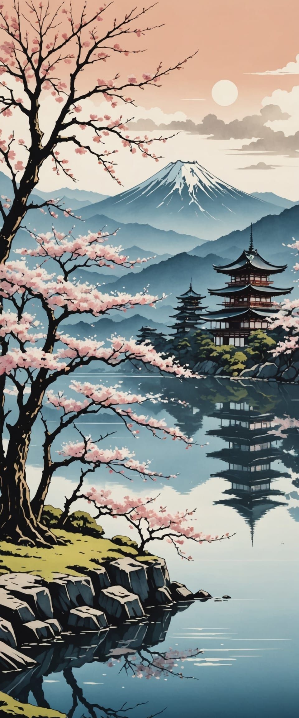 Ancient Sakura Tree in Ink Art Style