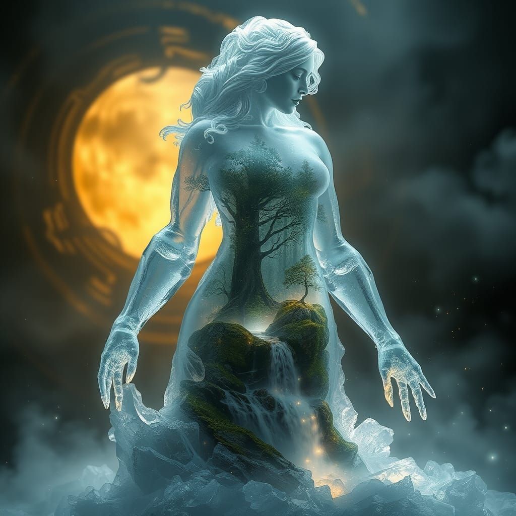 Ethereal Ice Woman with Forest Interior