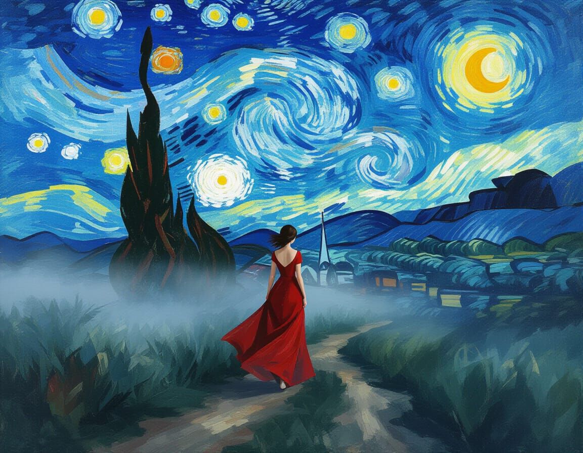 Woman Walks Into the Starry Night