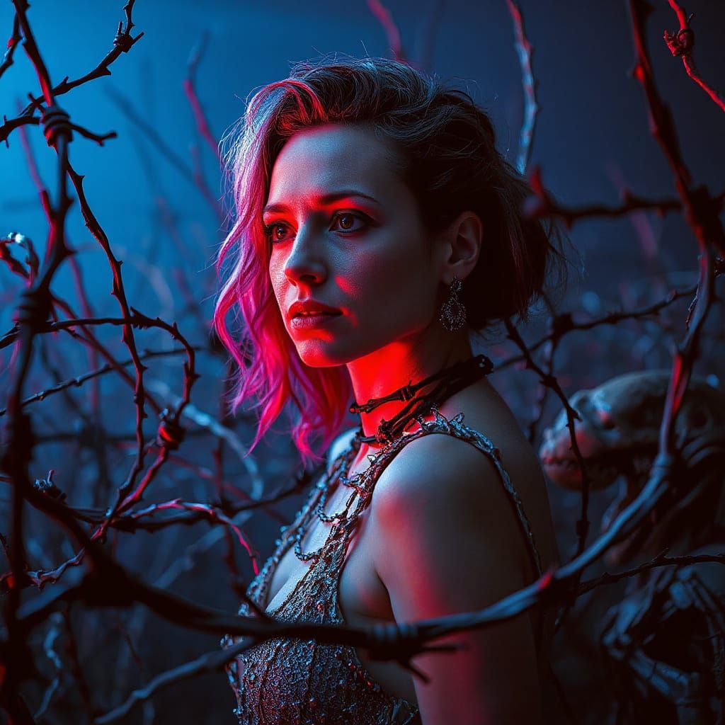 Barbed Wire Woman in Surrealist Maze