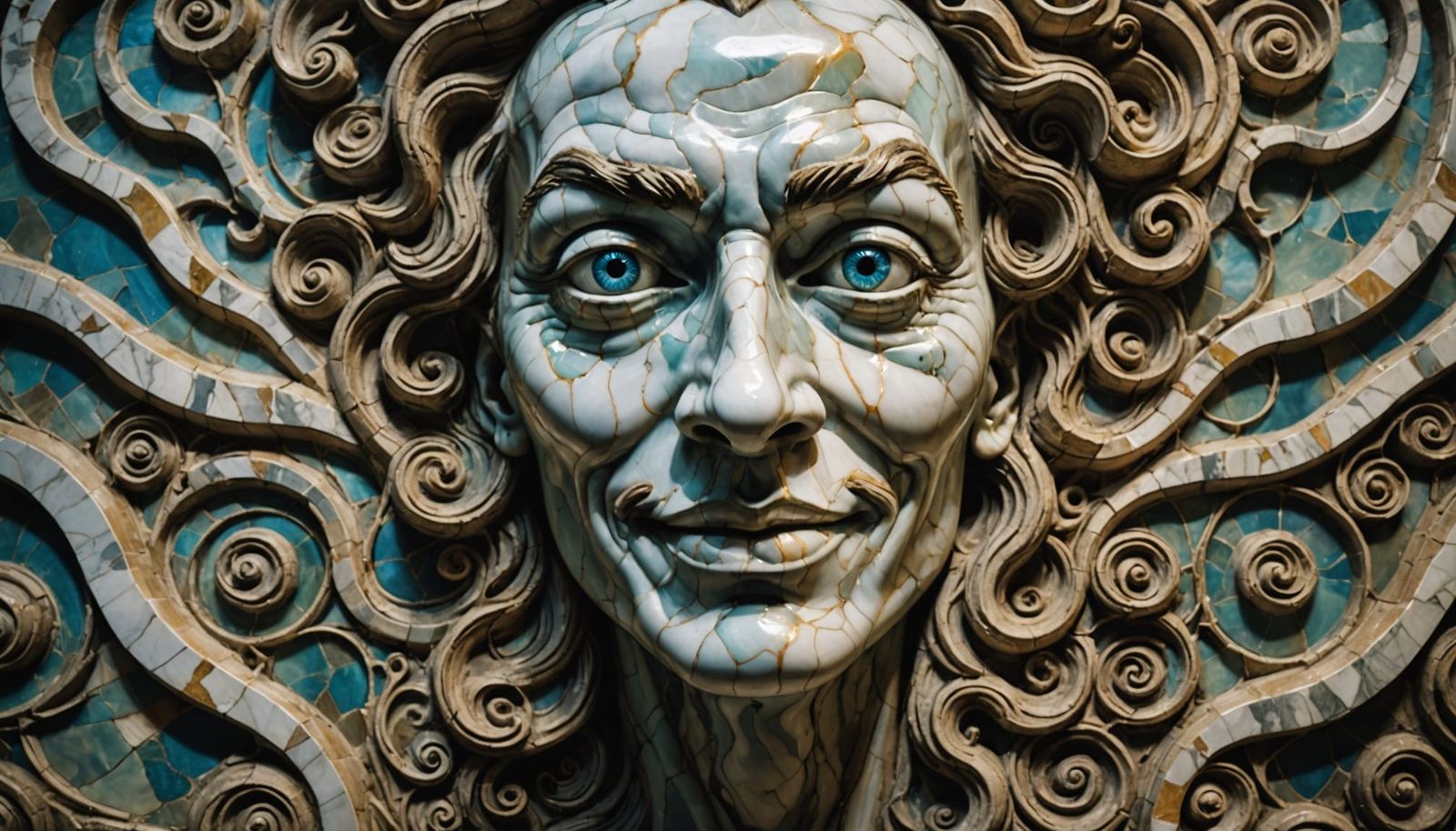 Surreal Marble Face in Labyrinthine Maze