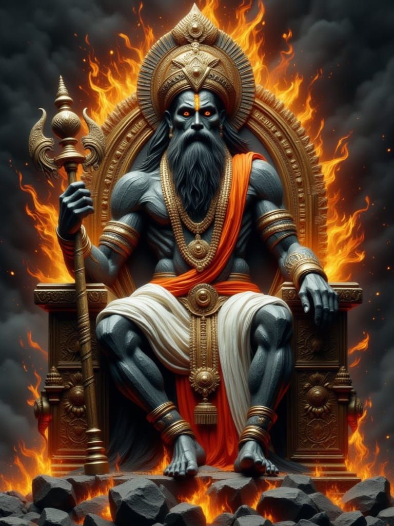 Hanuman, Dark Grey Sculpture in Impasto Style with Golden Ac...