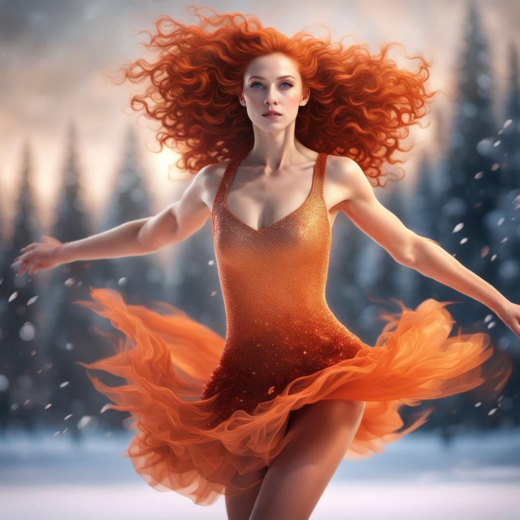 Glittery Orange Figure Skater in Motion on Ice