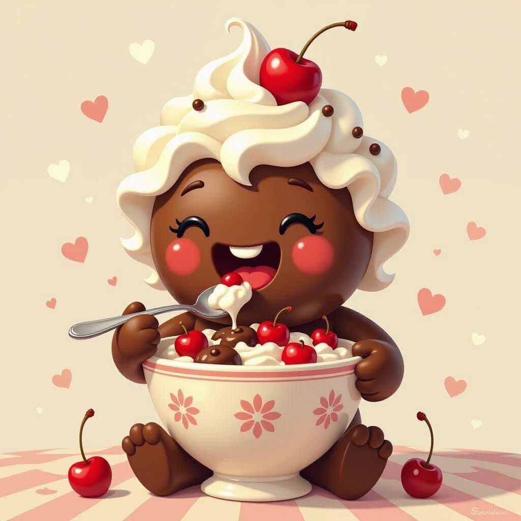 Anthropomorphic Sundae Eats Sundae, Whimsical Digital Art