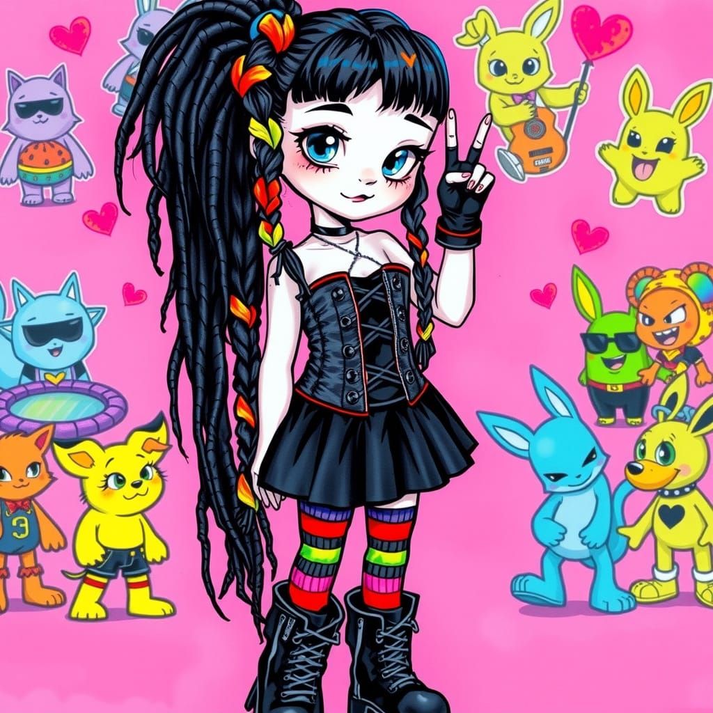 Gothic Kawaii Girl in Neon Watercolor