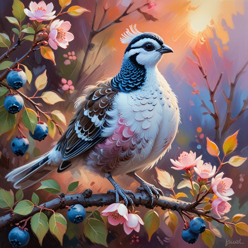 Delicate Grouse on Blueberry Branch: Oil Painting