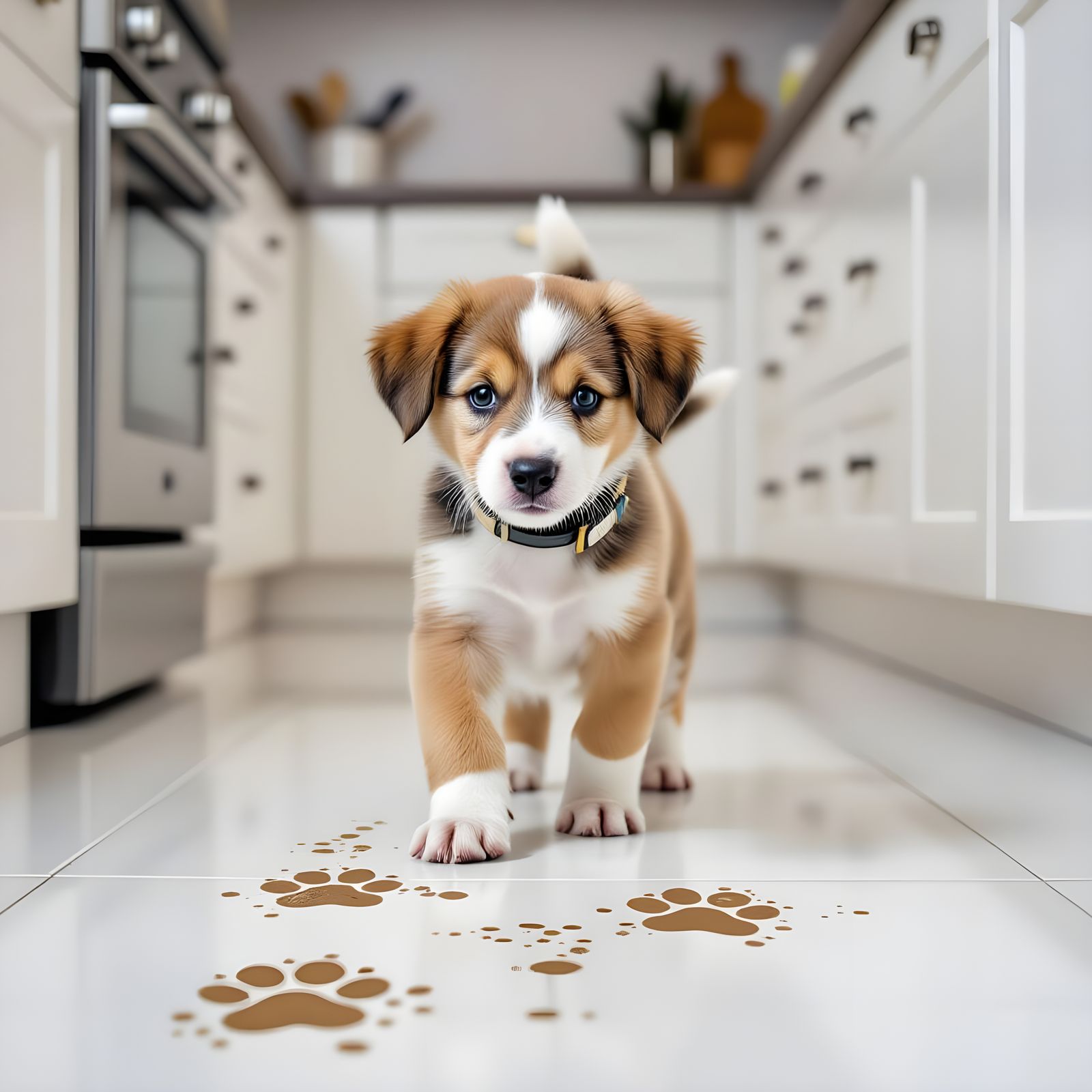 Playful Muddy Puppy Prints in a White Kitchen
