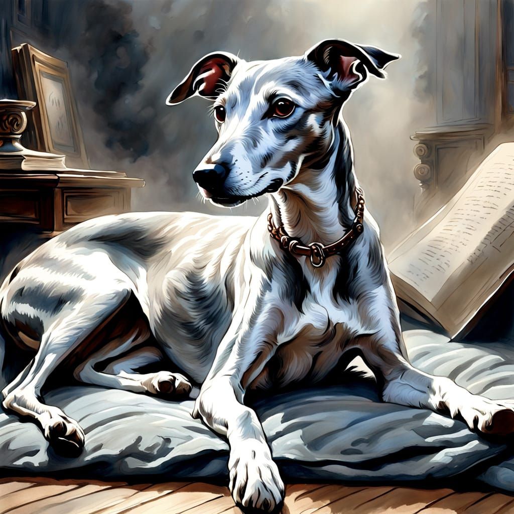 Whippet Dog on Book: Ethereal Gouache Impressionist Painting