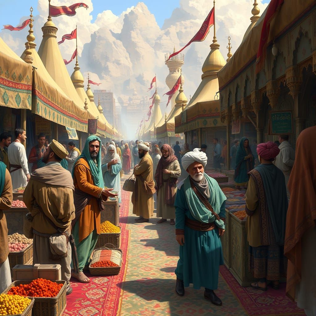 Ancient Persian Marketplace Scene in Miniature Style