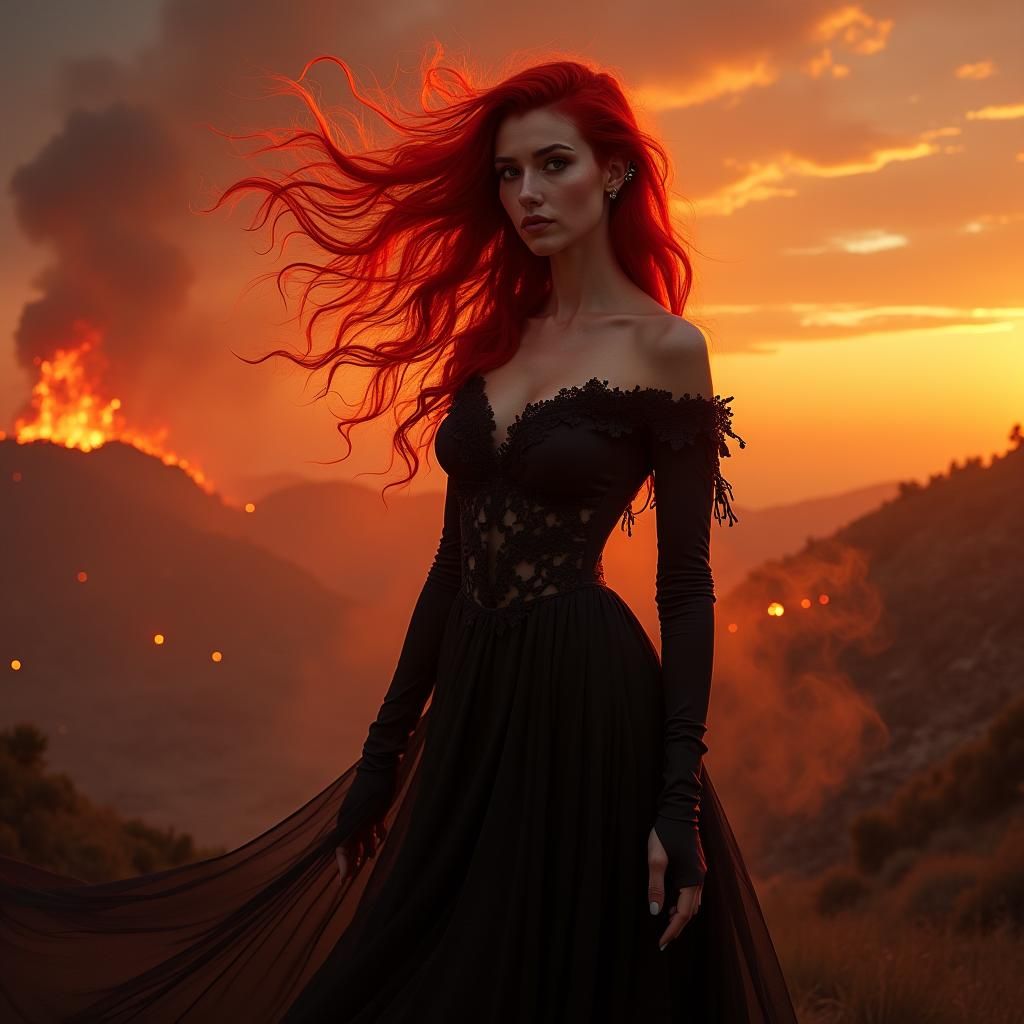 Elegant Woman with Fiery Hair in Hell Landscape