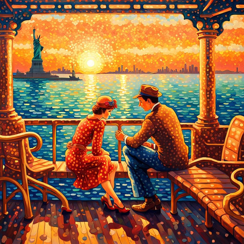 Young Couple on Ocean Liner in Pointillism Style