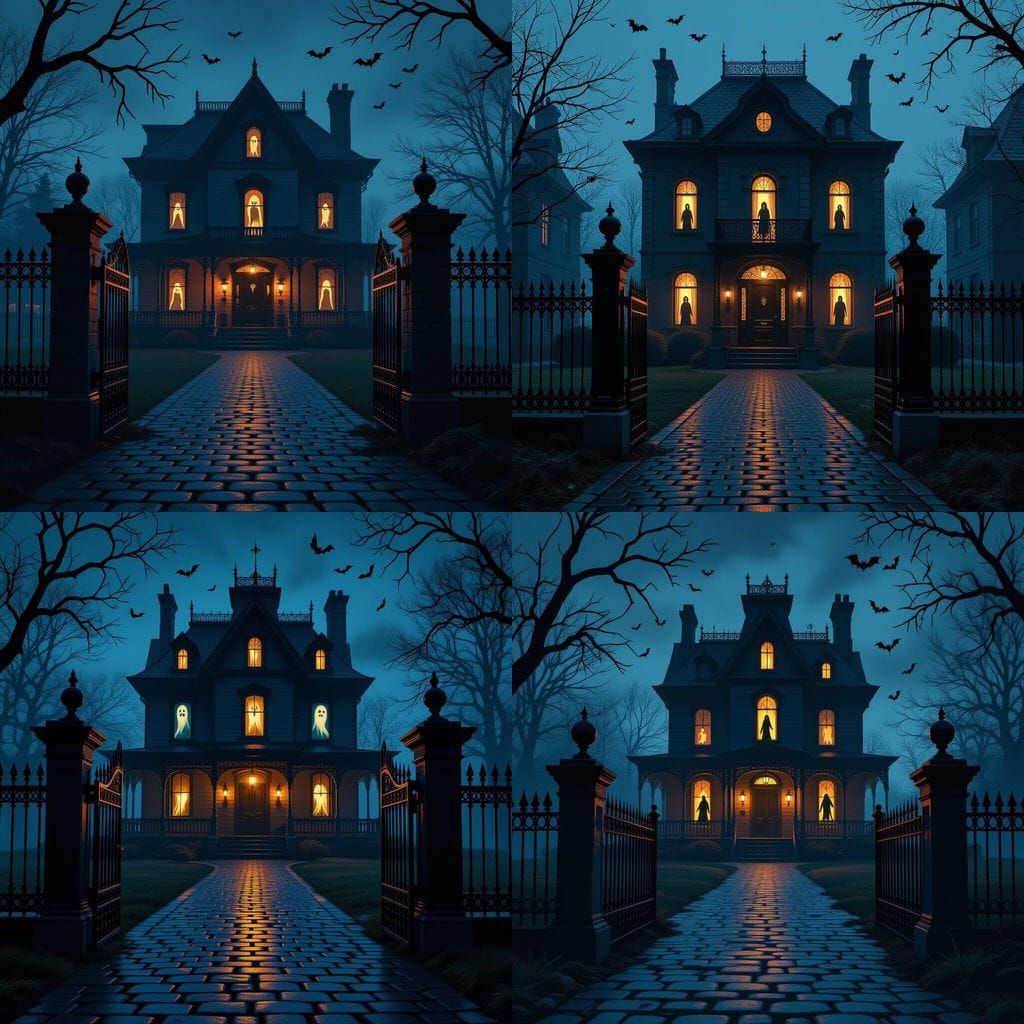 Spooky Haunted House with Bats and Glowing Windows
