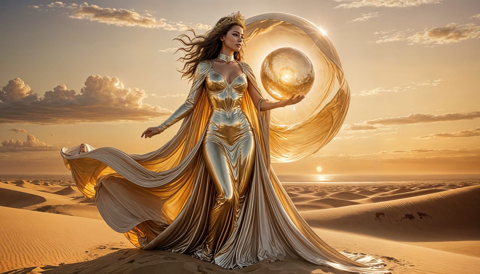 Goddess Summons Light Orb on Dune Under Rose Sky