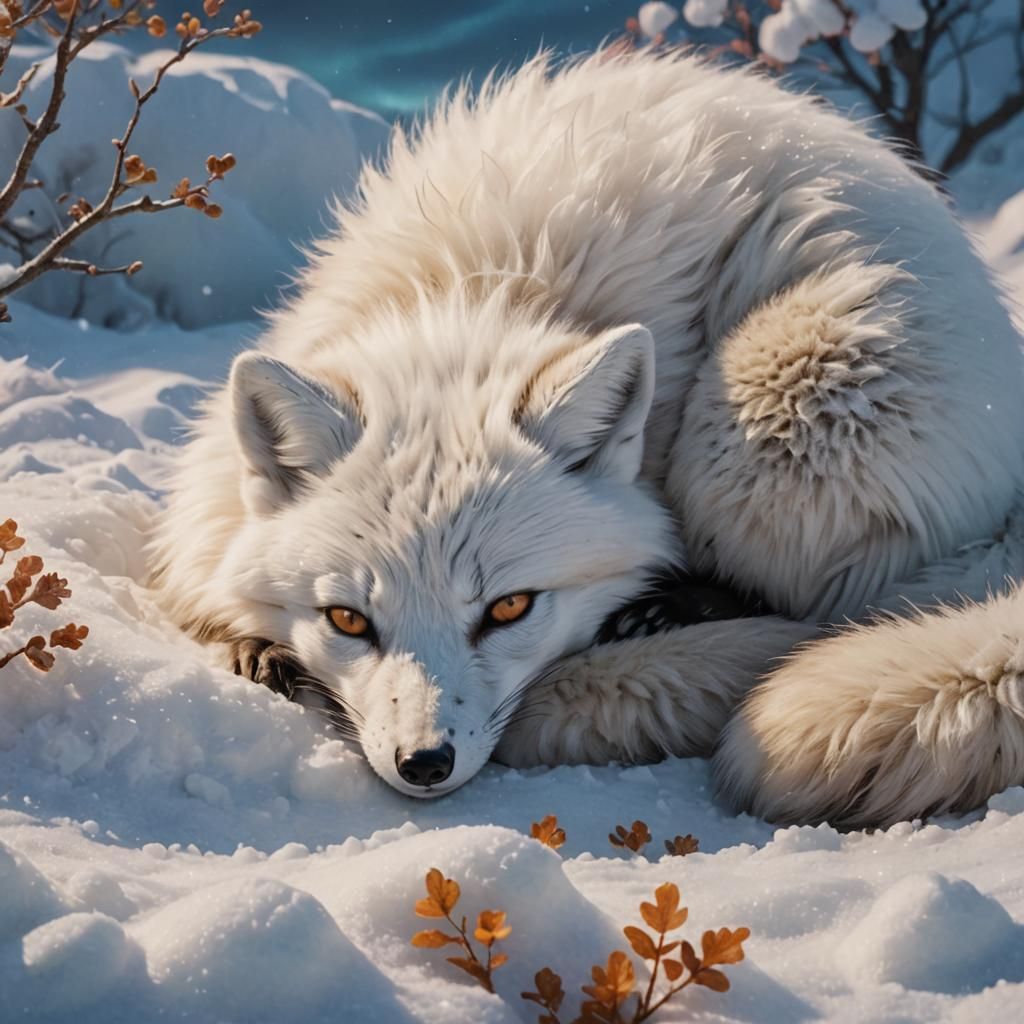 Arctic Fox Sleeping in Snow, Digital Matte Painting