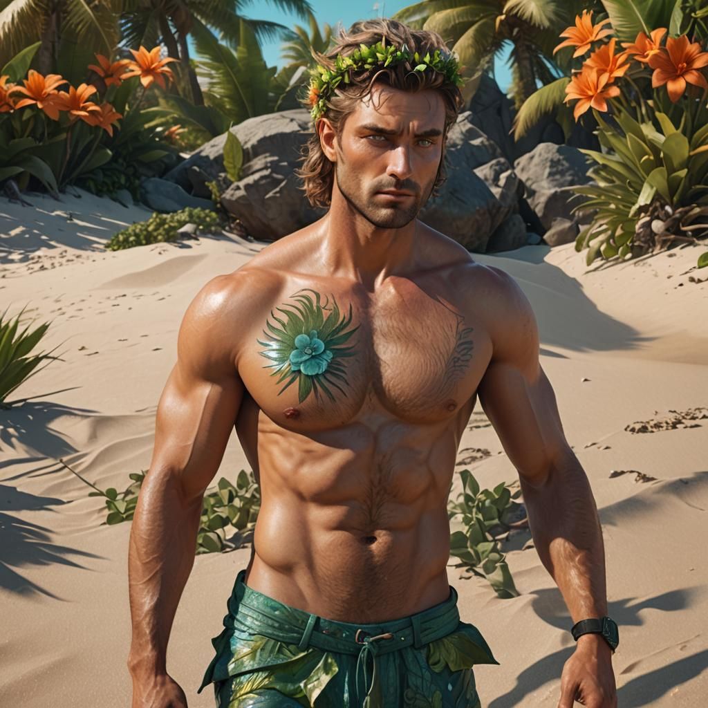 Fantasy Beach: Bare-Chested Man with Green Eyes