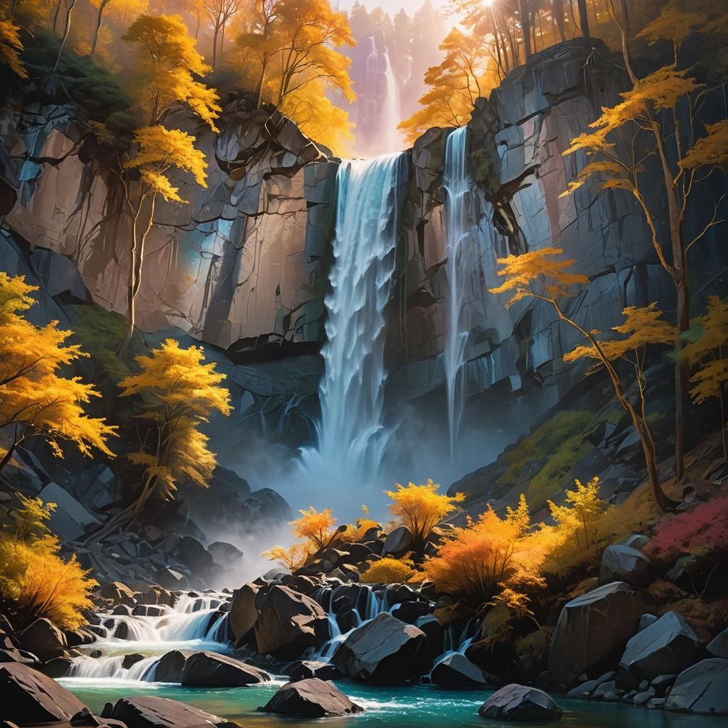 Iridescent Waterfall in Surrealist Dreamscape