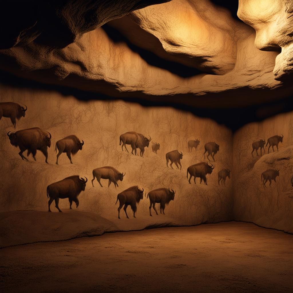 Pleistocene Cave Drawings of Bison and Hunters
