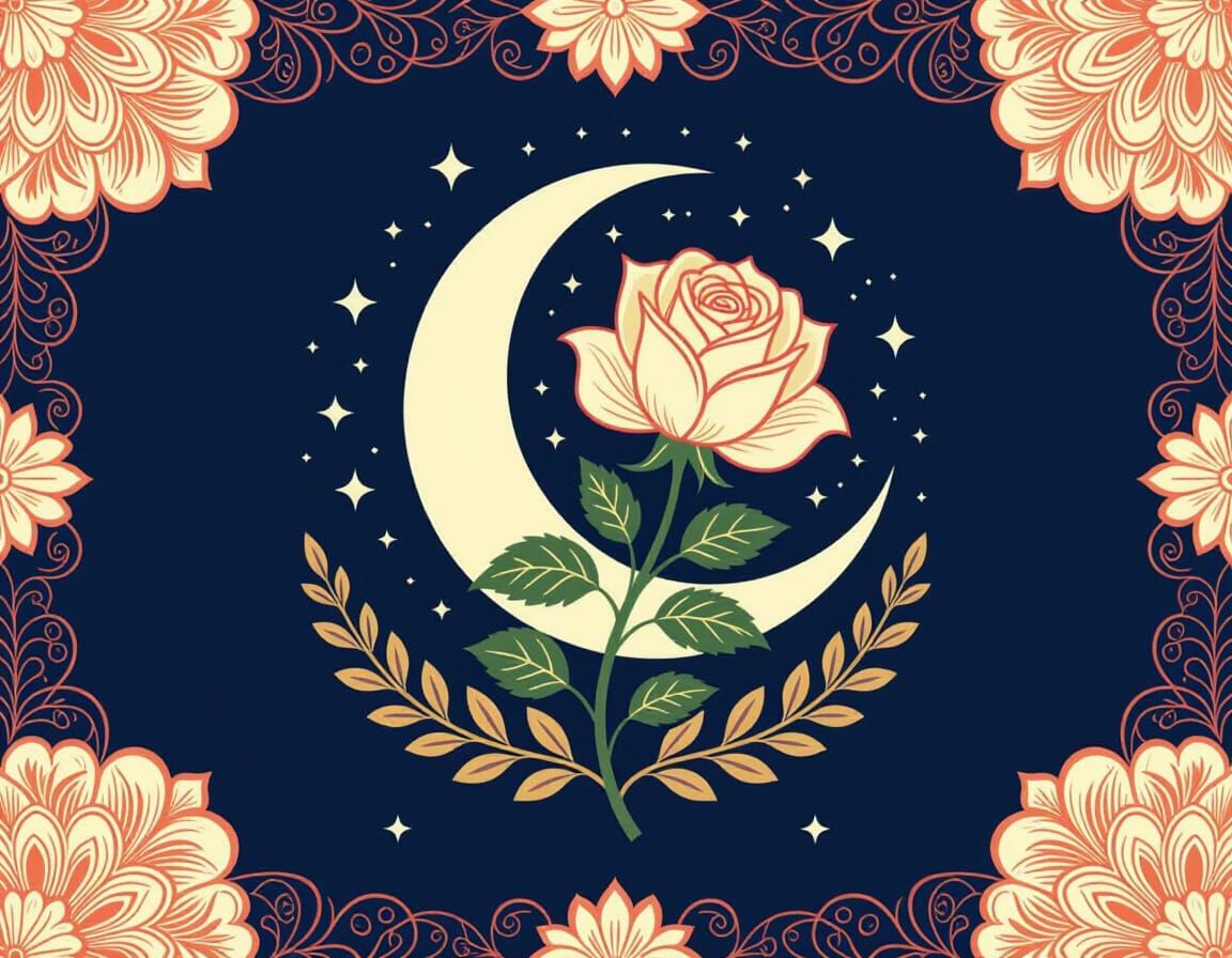 Elegant Flag Design with Moon and Rose Vector Art