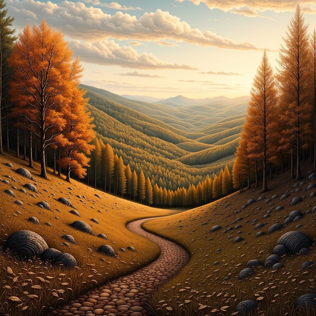 Surreal Autumn Hills in Hyperdetailed Sunrise