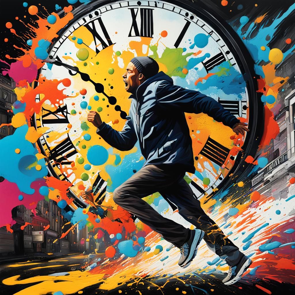 Man Chasing Time in Vibrant Graffiti Art