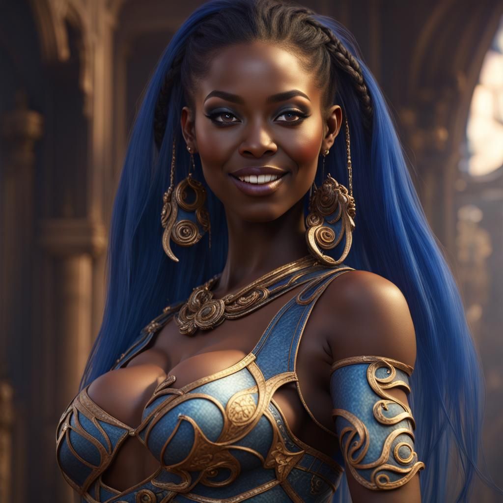 Ebony Goddess with Blue Lips: Detailed Matte Painting