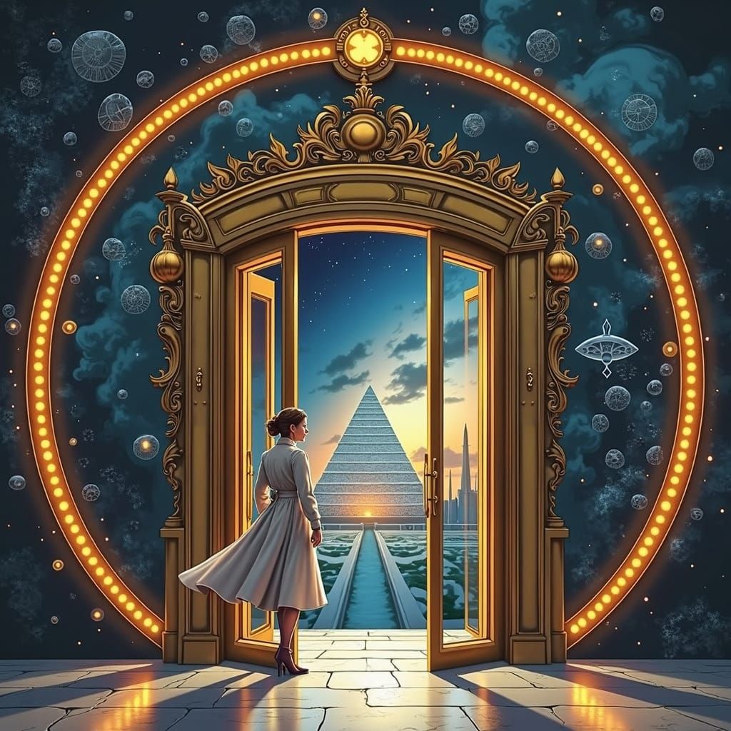 Surreal Victorian Woman in Revolving Door Portal