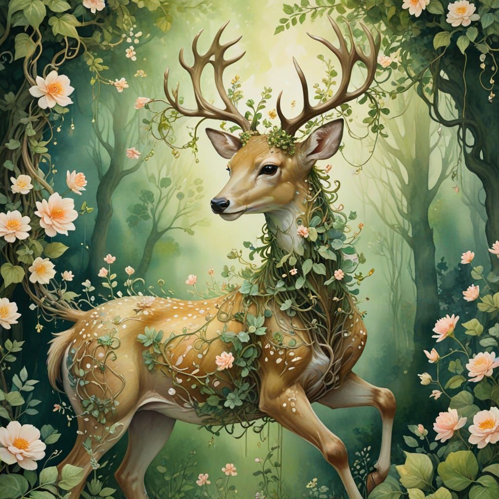 Floral Deer in Whimsical Forest: Watercolor Surrealism