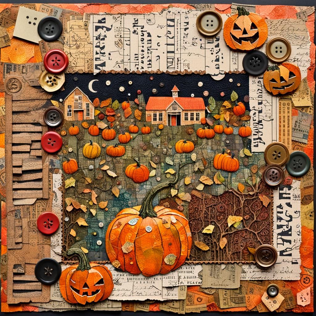 Autumn Pumpkin Patch in Mixed Media Collage Art