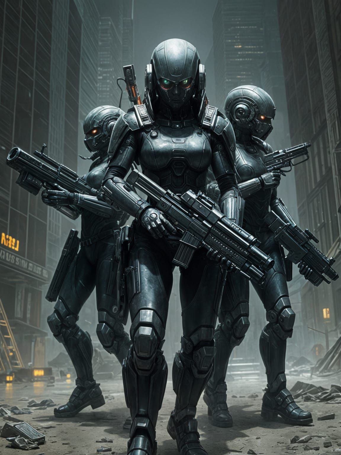 Cyborgs in a Futuristic Dystopian Metropolis