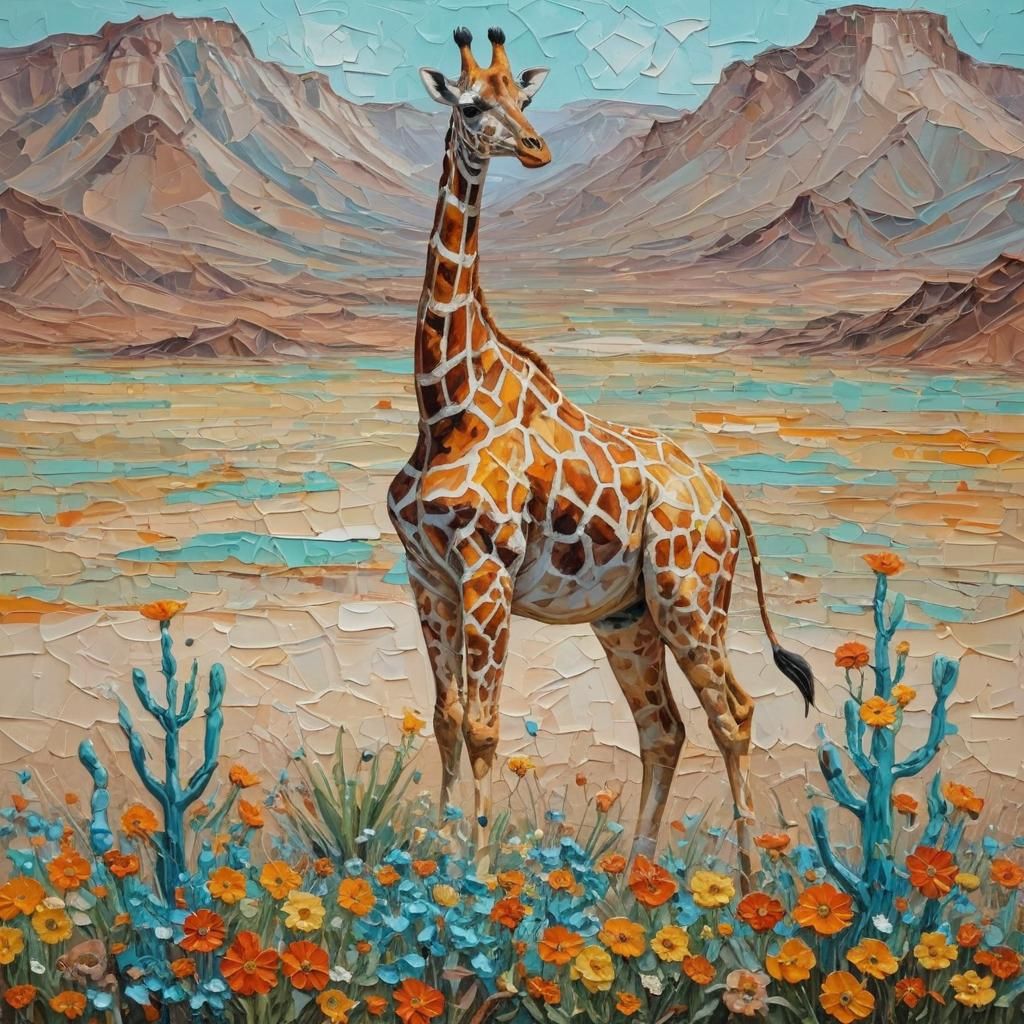 Giraffe in Desert: Impasto Painting with Palette Knife