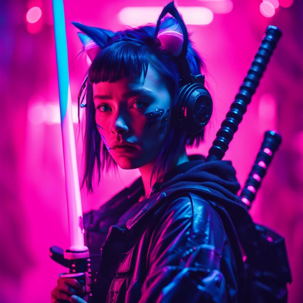 Cyberpunk Girl Warrior with Katana in Neon Lights