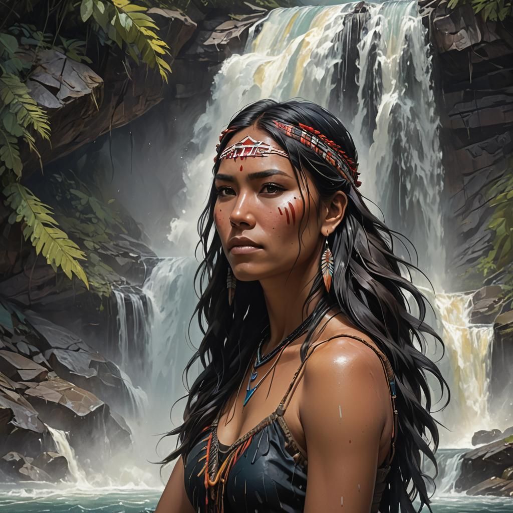 Native American Woman in Waterfall Portrait