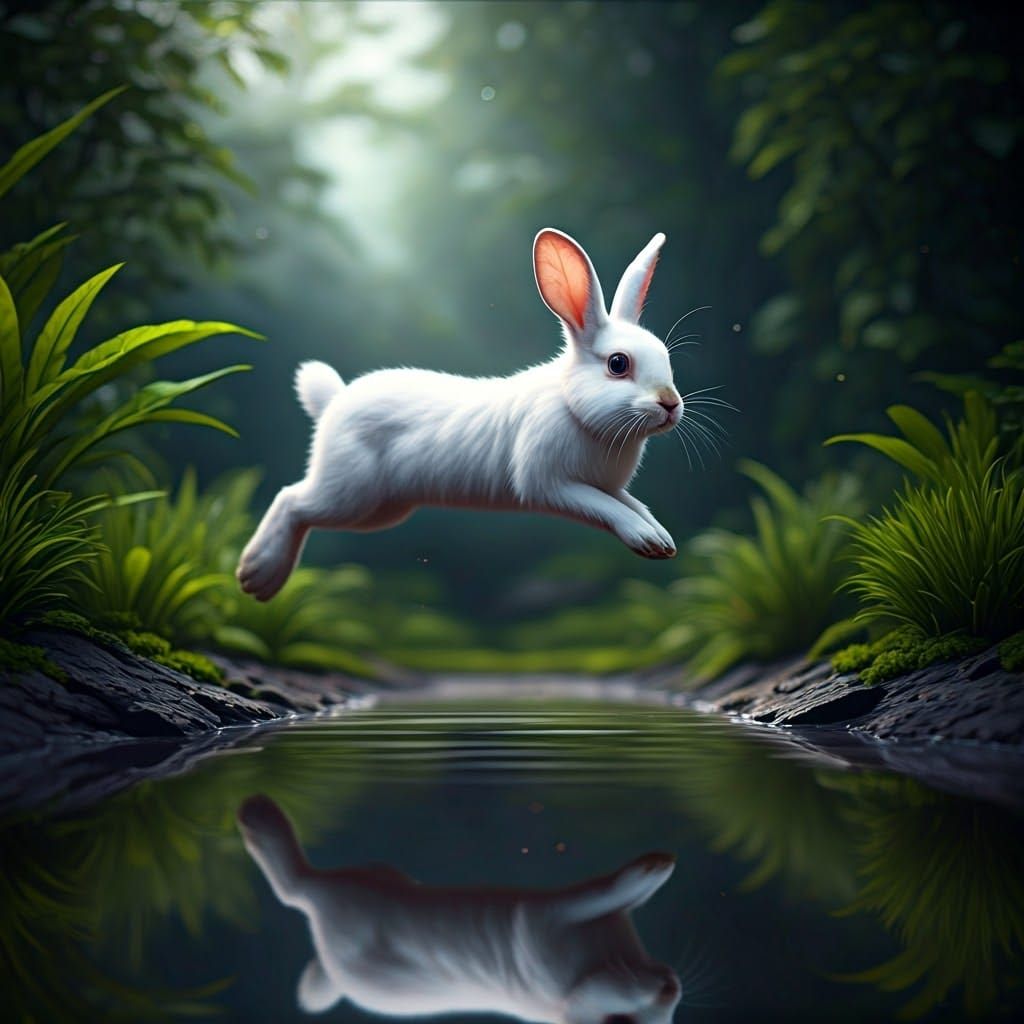 Snow White Bunny Leaping, Hyperrealistic Digital Art